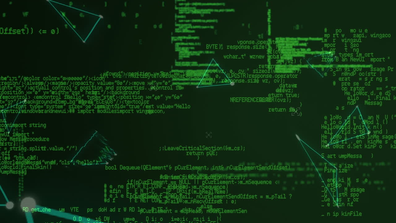 Animation of triangles and data processing on black background