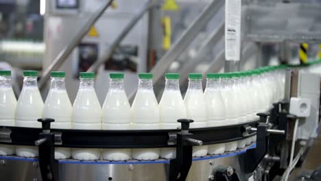 milk production, plastic bottles transported on conveyor, packaging process