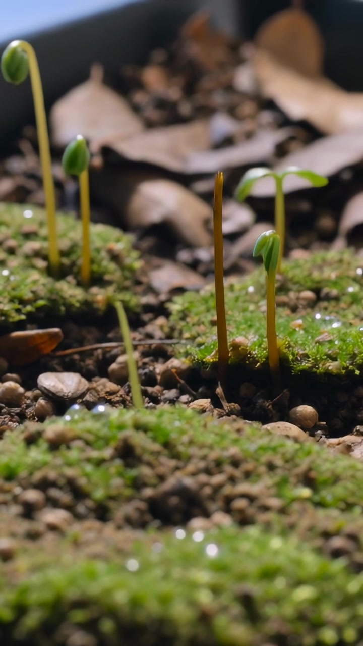 Vertical video: Nudging sprouts, sunlight pushing shoots through moss on sill, opening tiny leaves