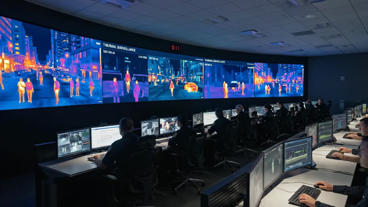 Security Operators Monitoring Thermal Surveillance Footage in a High-Tech Control Room