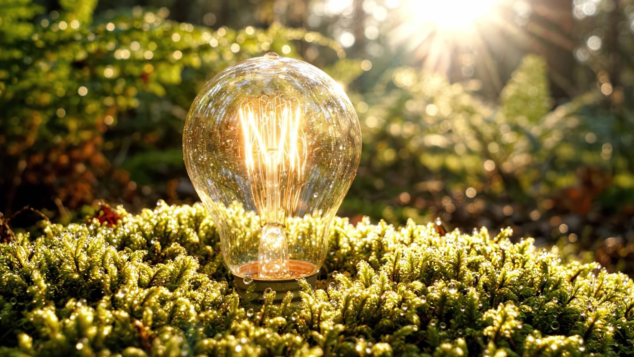 Uno scorcio brillante della natura: una lampadina illuminata su un letto di muschio bagnato di rugiada, che irradia calore nel bagliore dorato di una foresta illuminata dal sole.