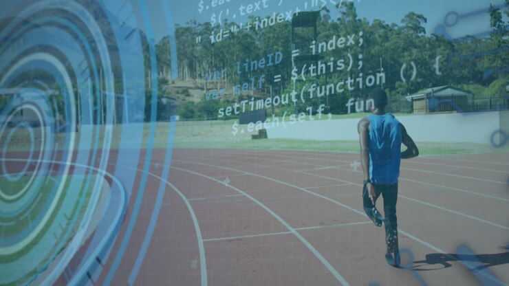 Animation of data processing on digital screen over african american male runner with running blade