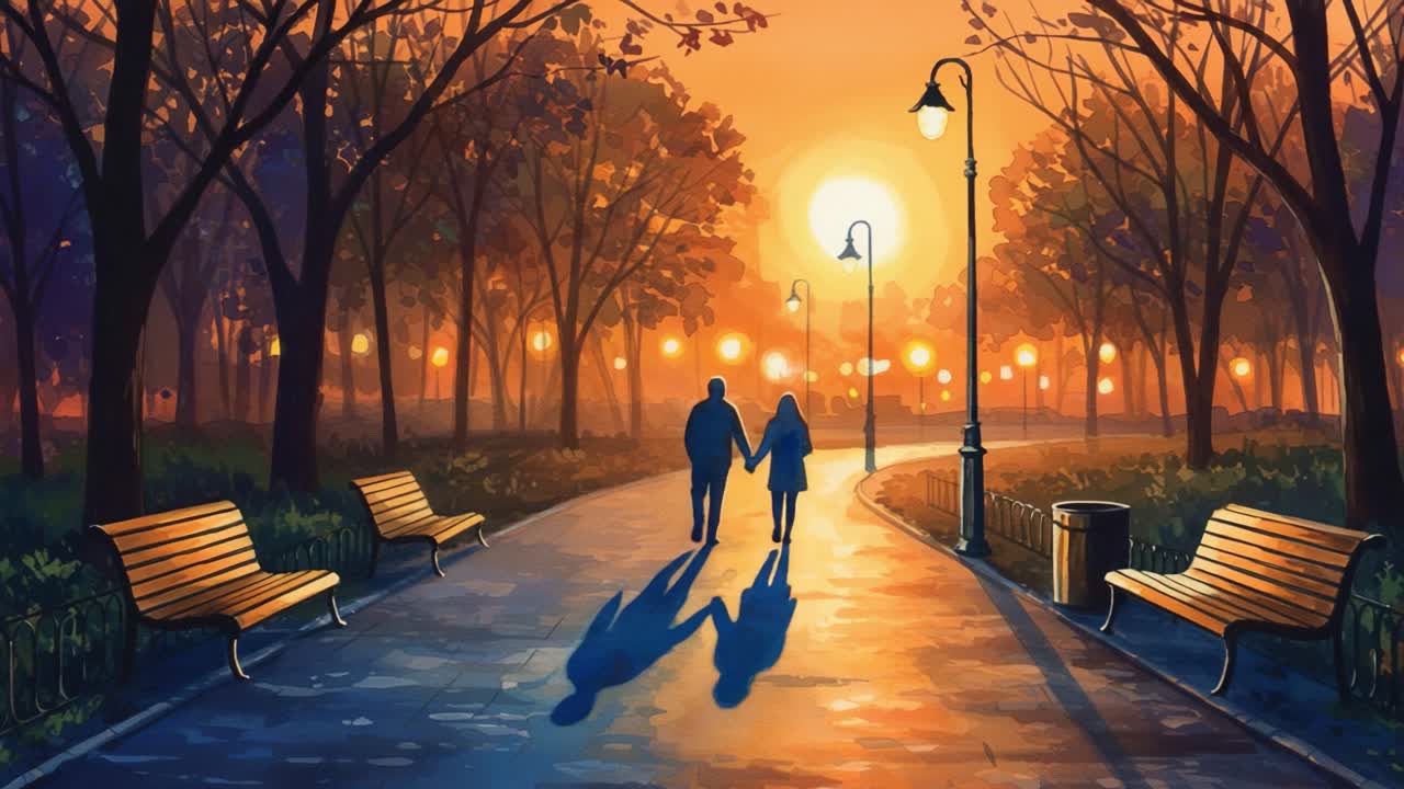 A Serene Evening Stroll: A Couple Hand in Hand in a Vibrant Park During a Sunset, Illuminated by Warm Streetlights Under a Magical Glow