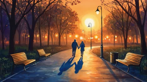 a serene evening stroll: a couple hand in hand in a vibrant park during a sunset, illuminated by warm streetlights under a magical glow
