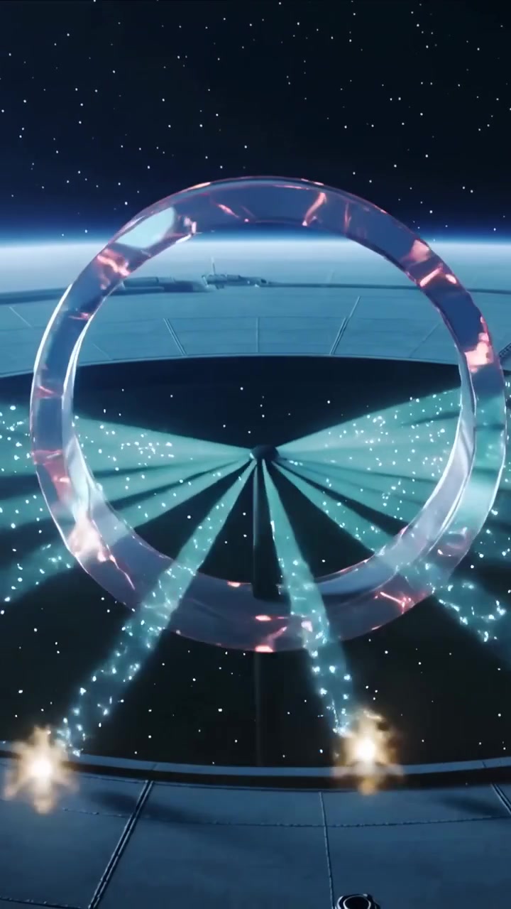 Vertical video: Emitting teal beams from center, two glass rings rotating on deck