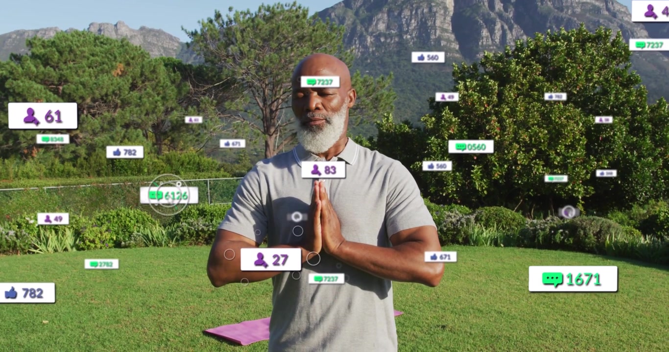 Wellness coach praying purple-mat badges emerging at edges gathering around him, showing growth