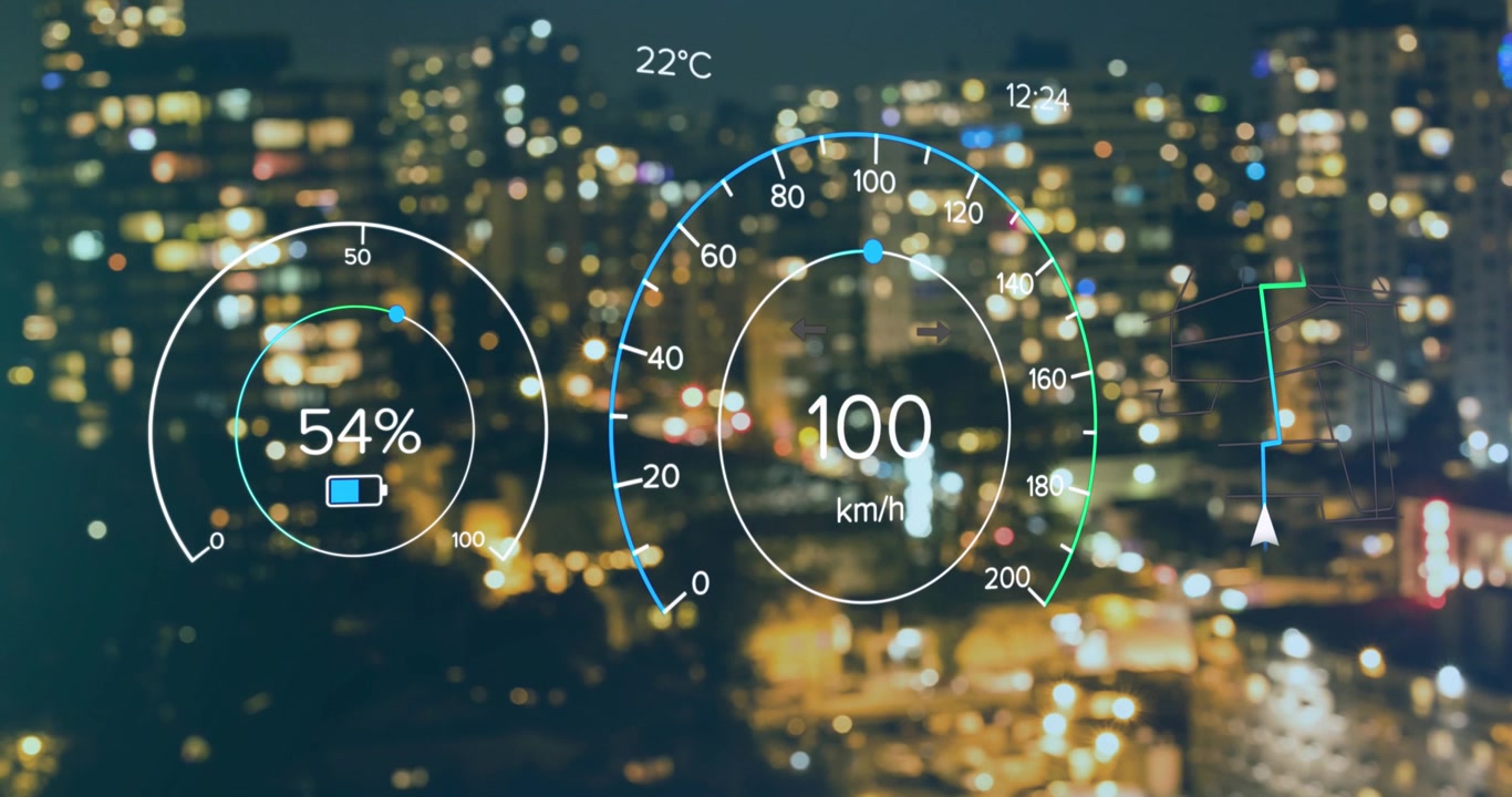 Animation of electric car speedometer data processing over city