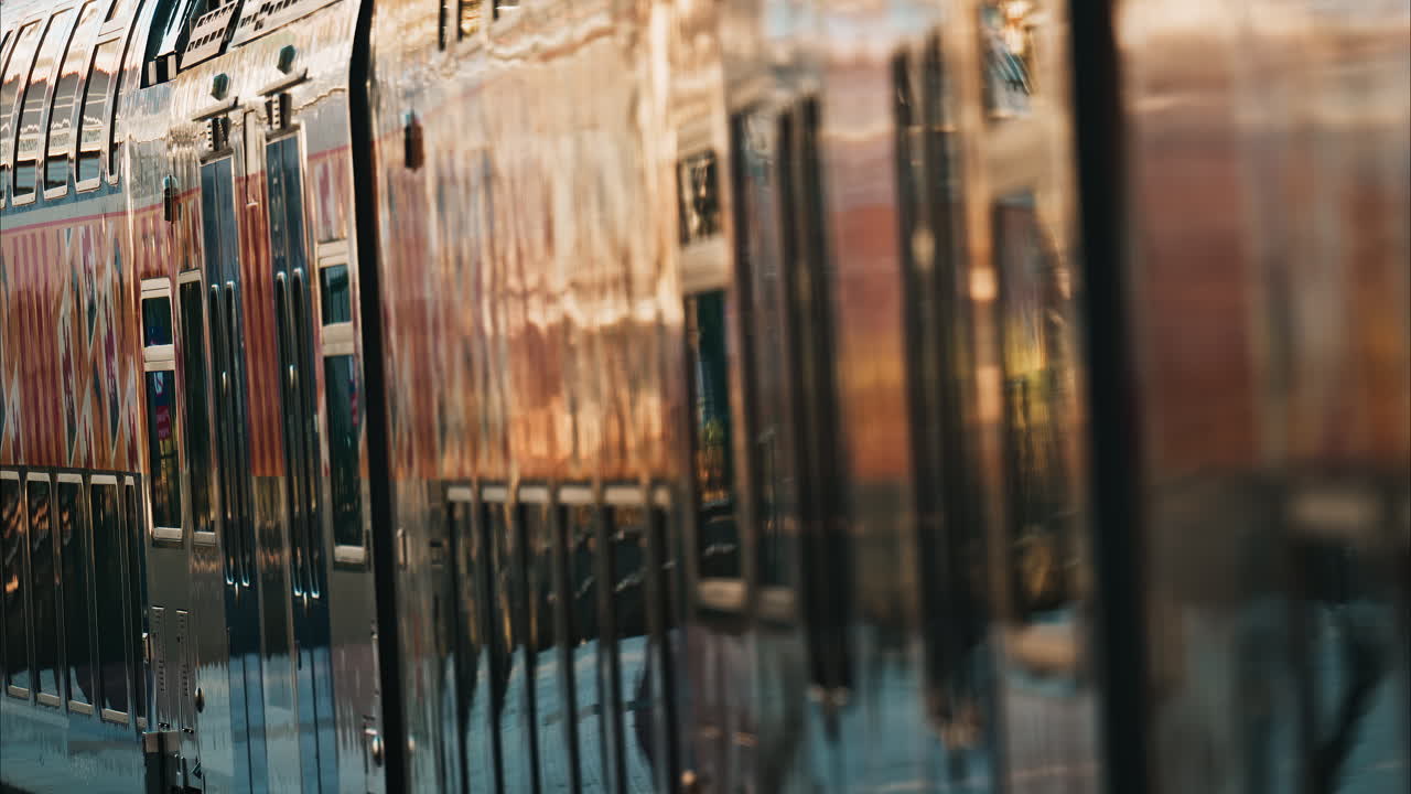 Close up of a train moving on the rails near a station in the south of France at sunset