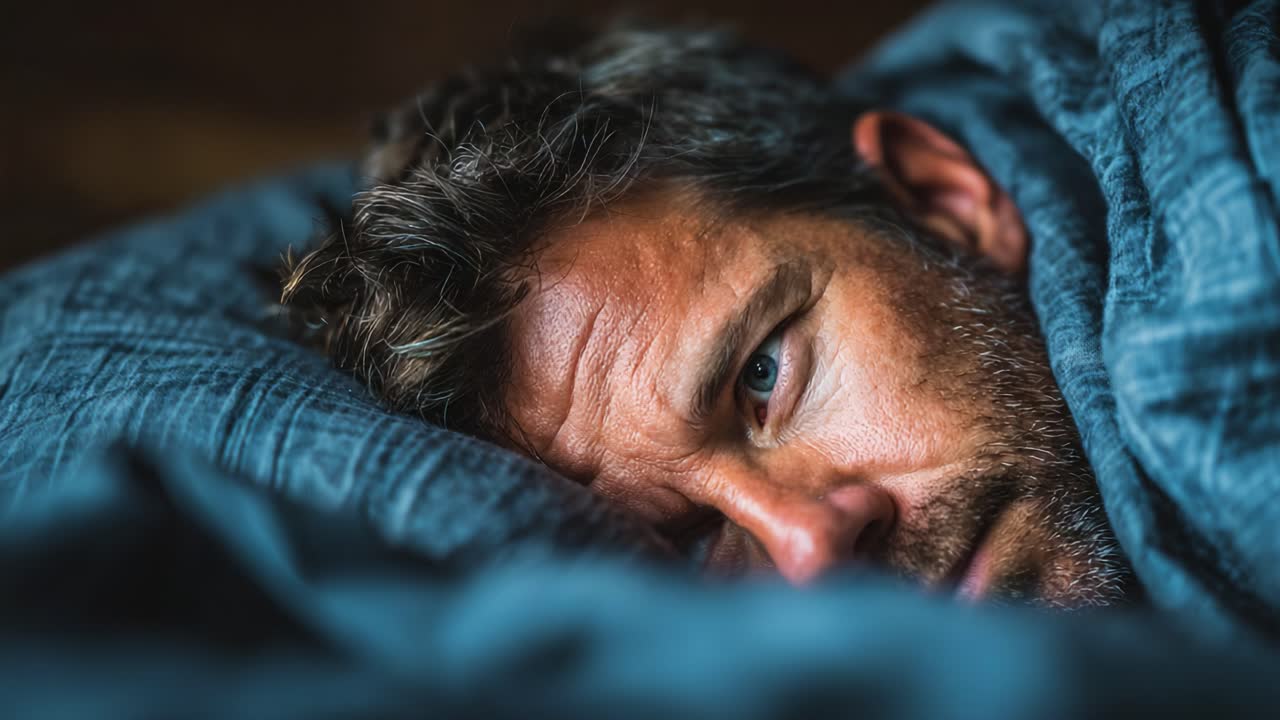 Un momento contemplativo catturato in un ambiente sereno, con un uomo che riposa avvolto in una comoda coperta, incarnando relax e introspezione in un ambiente tranquillo