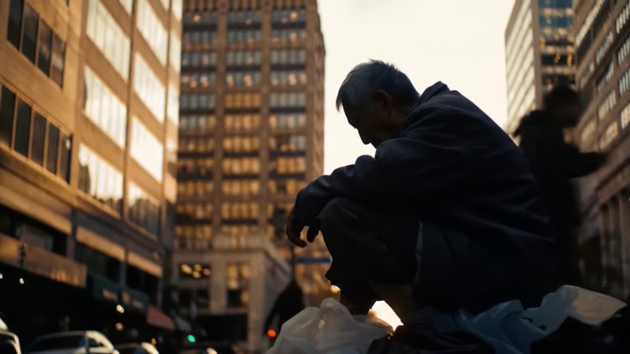 A man experiencing homelessness sits quietly on the sidewalk, surrounded by bags. Pedestrians pass quickly in the busy city during late afternoon, highlighting urban life.