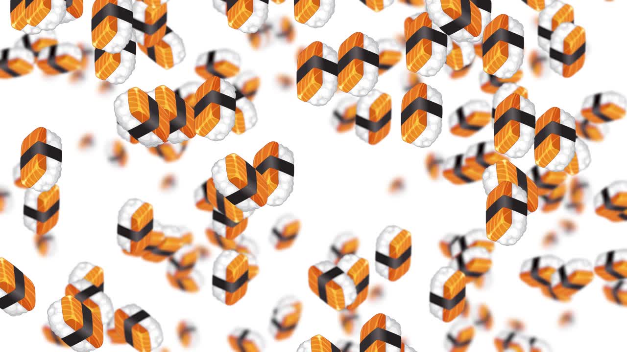 Sushi pieces raining down in a white background