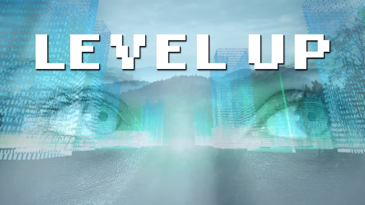 도시 풍경과 주변을 둘러보는 여성과 함께 레벨 업 텍스트의 애니메이션