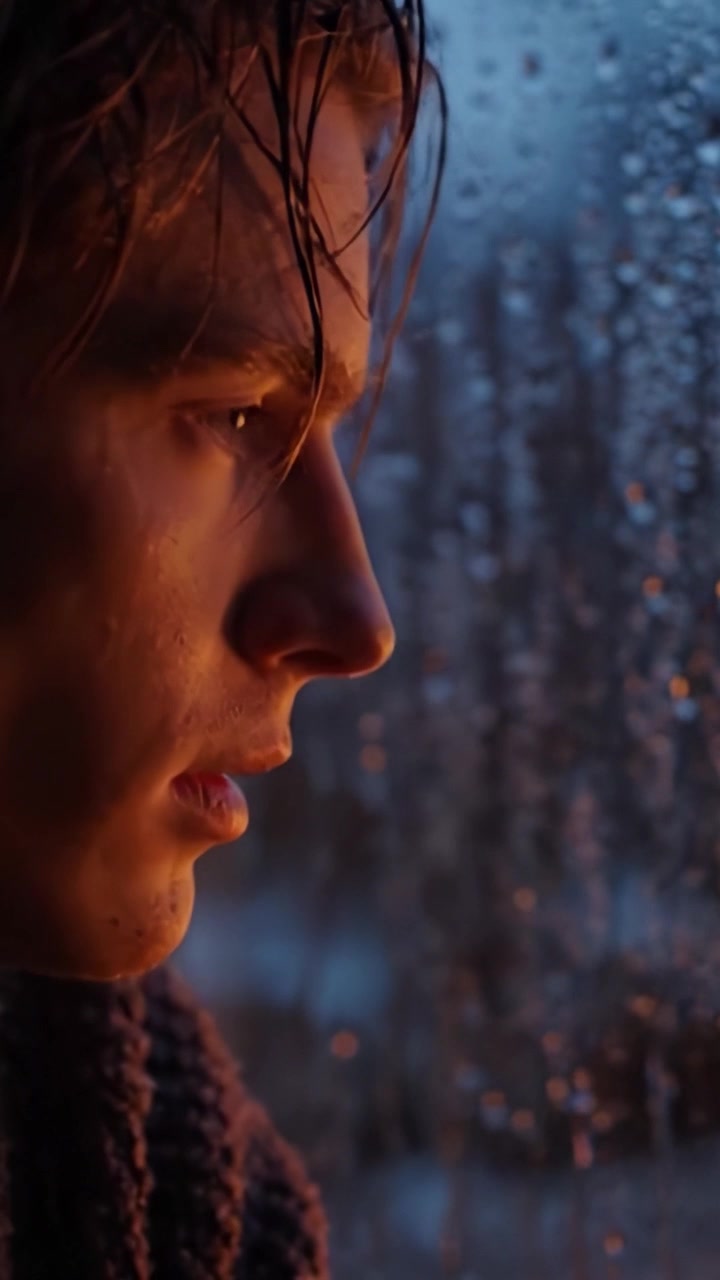 Um momento contemplativo junto à janela marcada pela chuva, enquanto a luz da tarde ilumina o rosto, capturando emoções e reflexões numa atmosfera serena