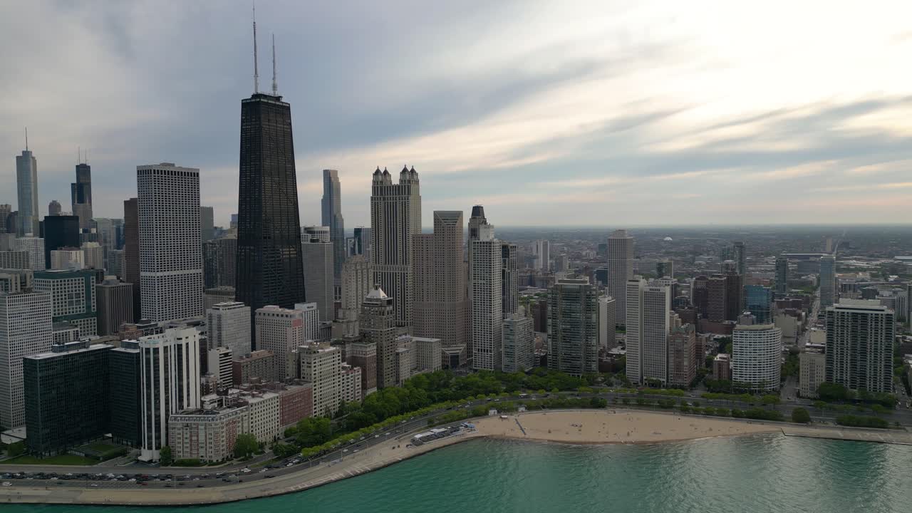 Chicago USA Cityscape Skyline, Central Towers and Traffic by Lake Michigan, Drone Shot