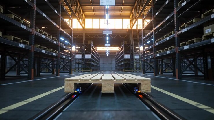 Moving wooden pallet on AGVs rolling along rails after control command through warehouse aisle