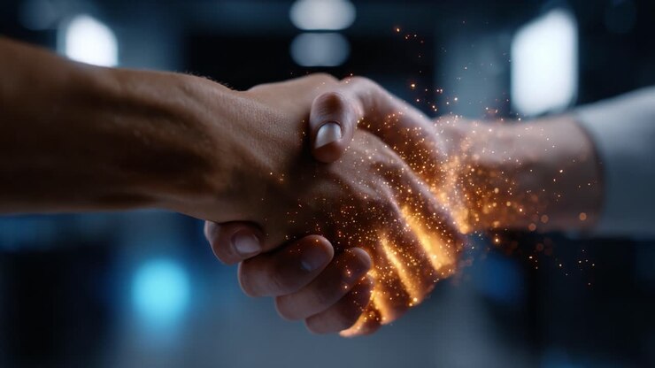 Un momento di connessione: due mani che si stringono in una stretta di mano significativa, a simboleggiare fiducia, partnership e collaborazione su uno sfondo scintillante