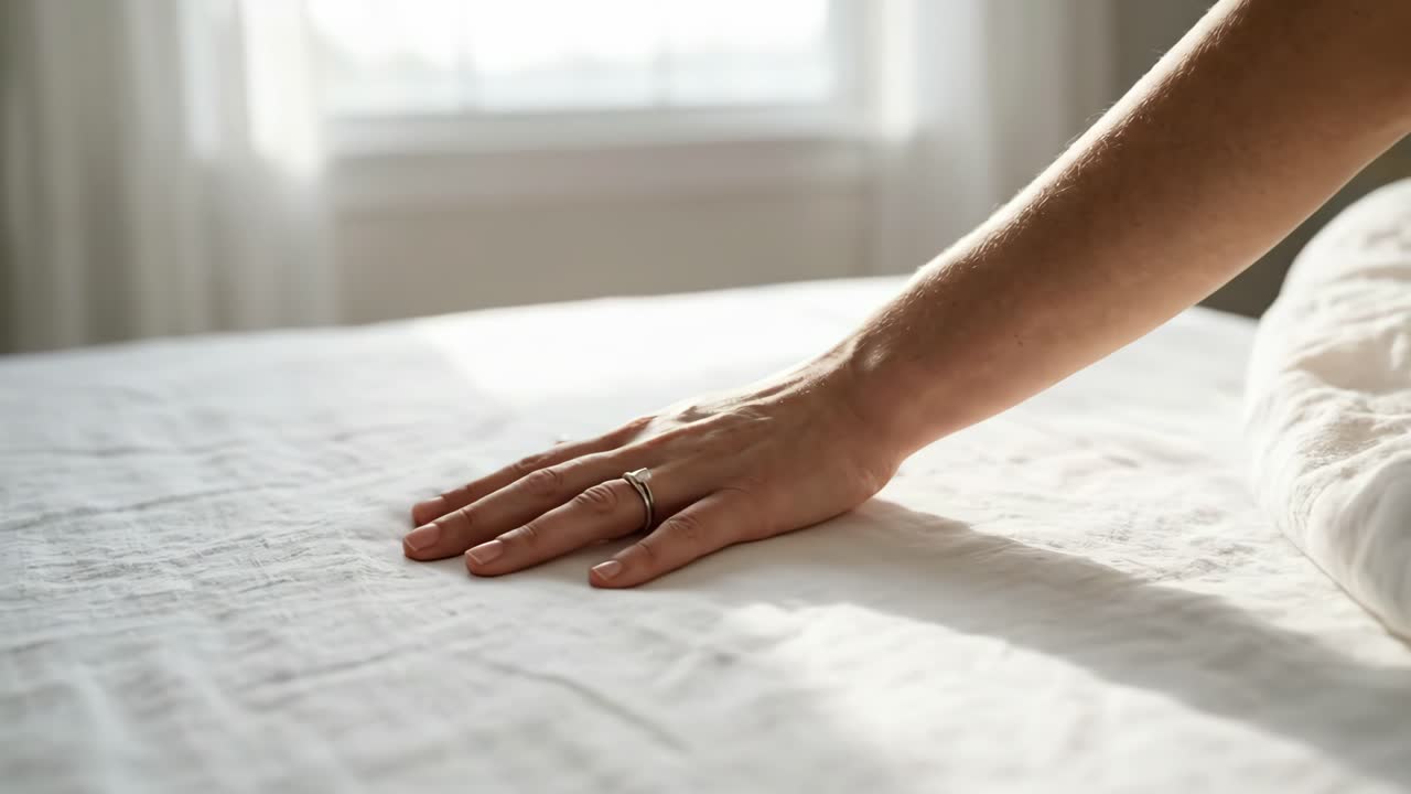 Mano con anello su letto bianco illuminato dalla luce soffusa del mattino