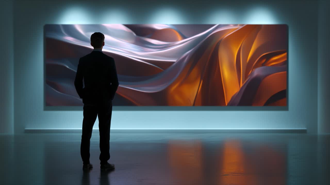 Un individuo contempla un'opera d'arte astratta in una galleria moderna, riflettendo sull'interazione di colori, linee e forme in un ambiente artistico accattivante.
