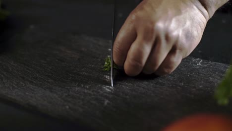 Close-up of a Chef's Hands Chopping Fresh Herbs on a Slate Cutting Board