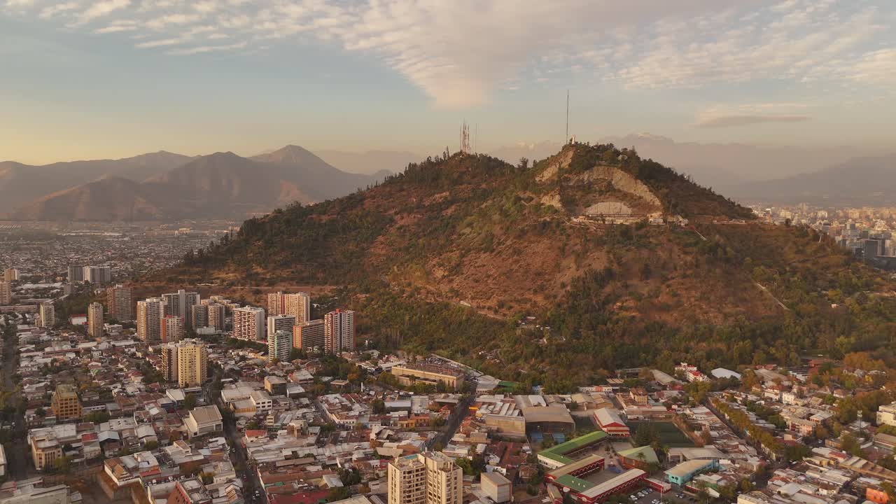 Metropolitan Park, cityscape at sunset, Chile. Aerial drone panoramic view