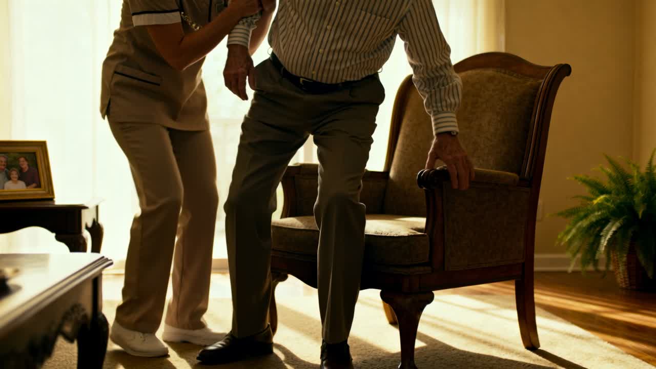 En hjælper i sandfarvet uniform rækker ud og støtter en ældre person, der rejser sig fra en lænestol i stuen, for at forhindre et fald.