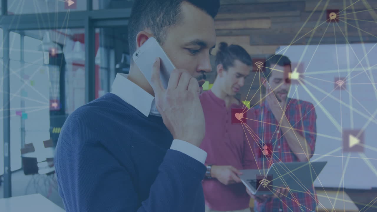 Talking on phone, man with animation of digital network in office background
