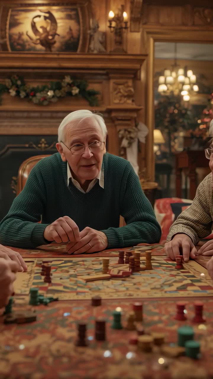 Vertical video: Reacting to opponent move, sweatered man placing wooden piece on parlor table