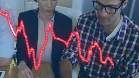 animation of financial data processing over diverse colleagues having meeting in office