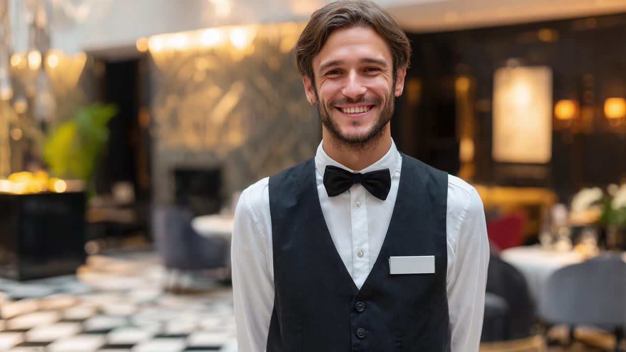 Cameriere sorridente e cordiale in un elegante ristorante, che mette in mostra un abbigliamento professionale e un'atmosfera accogliente