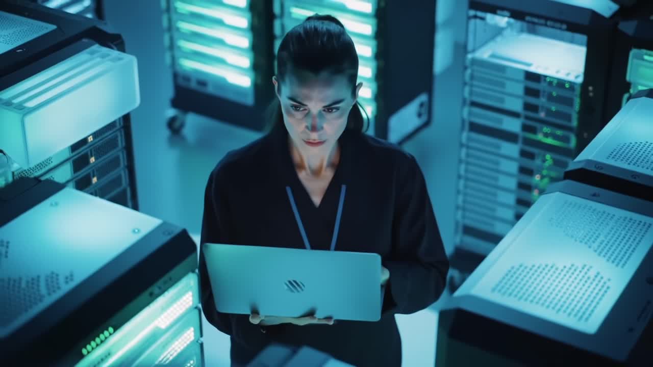 En fokuseret person bruger en bærbar computer til at kommunikere med komplekse serverteknologier i et højteknologisk datacenter, hvilket viser synergien mellem menneskelig ekspertise og digital infrastruktur.