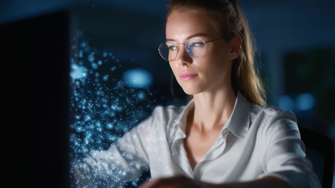 Una donna impegnata con gli occhiali si concentra intensamente su un'interfaccia luminosa del computer, circondata da elementi digitali scintillanti in uno spazio di lavoro moderno durante la notte
