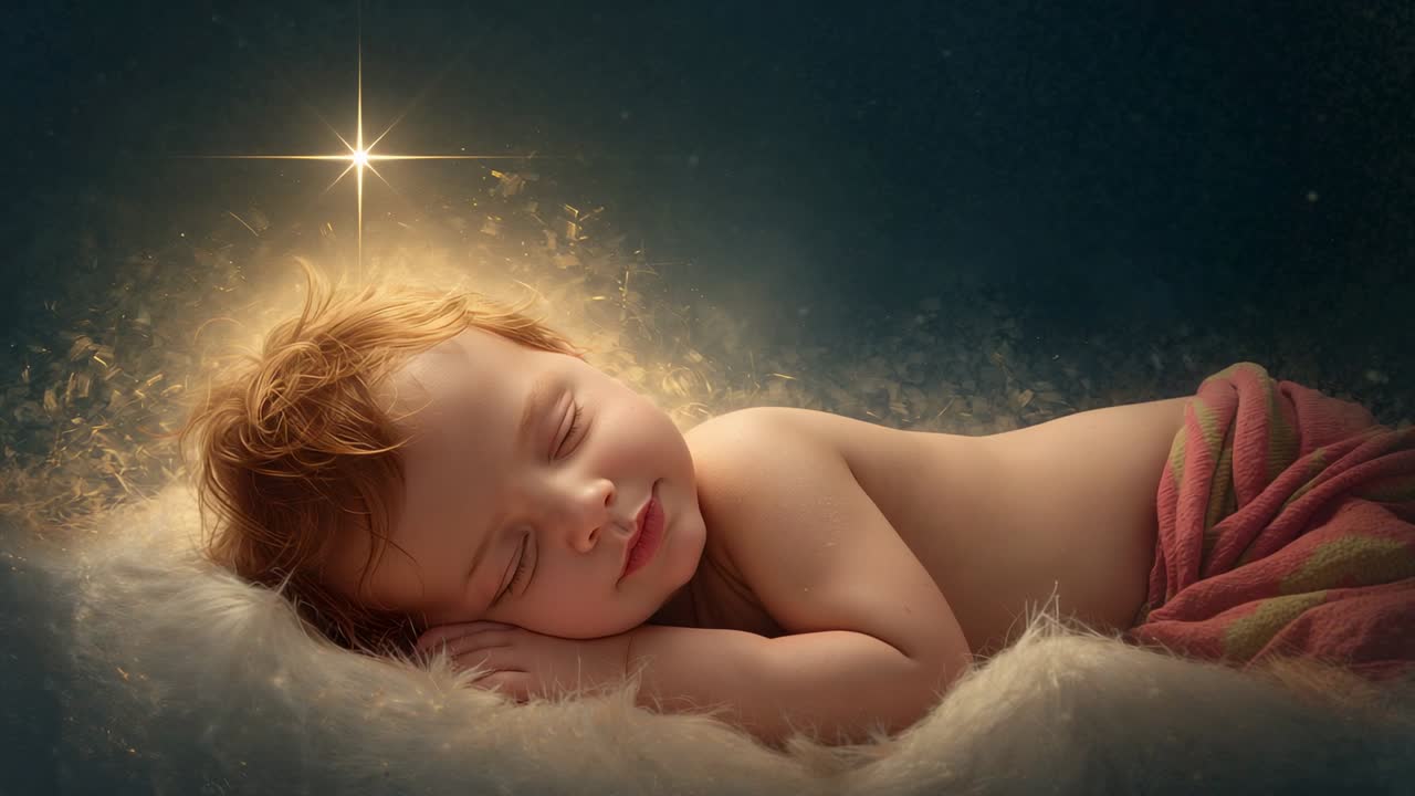 Star materializing above infant in studio creating halo while baby sleeping on red cloth cushion