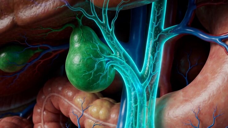 3D Medical Animation Of Human Gallbladder Anatomy The Small Green Organ Nestled Beneath The Liver With Glowing Bile Ducts
