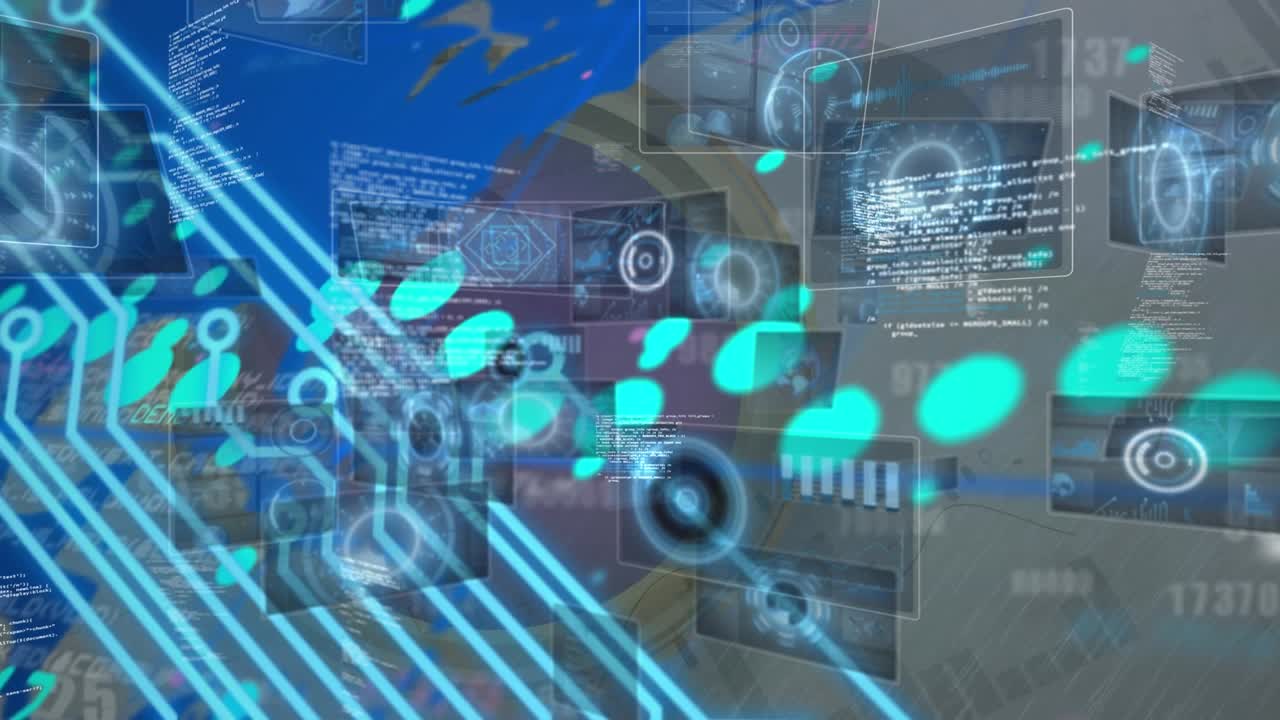 Animation of computer icons over smiling woman using smartphone