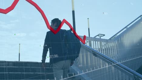 Animation-of-financial-data-processing-with-red-line-over-asian-businessman-walking-up-stairs