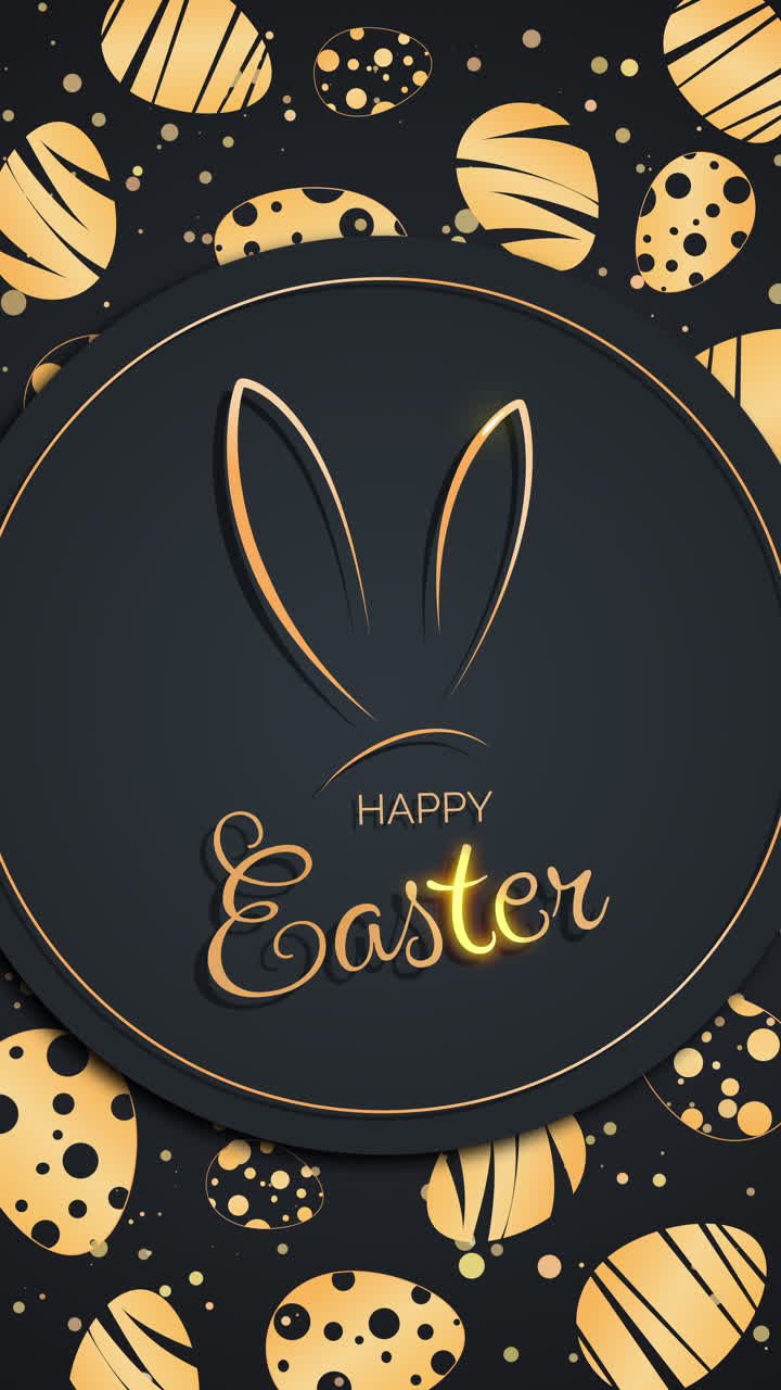 Easter bunny ears and Happy Easter lettering. Figures of golden round frame with patterns on black background. Looped vertical video.