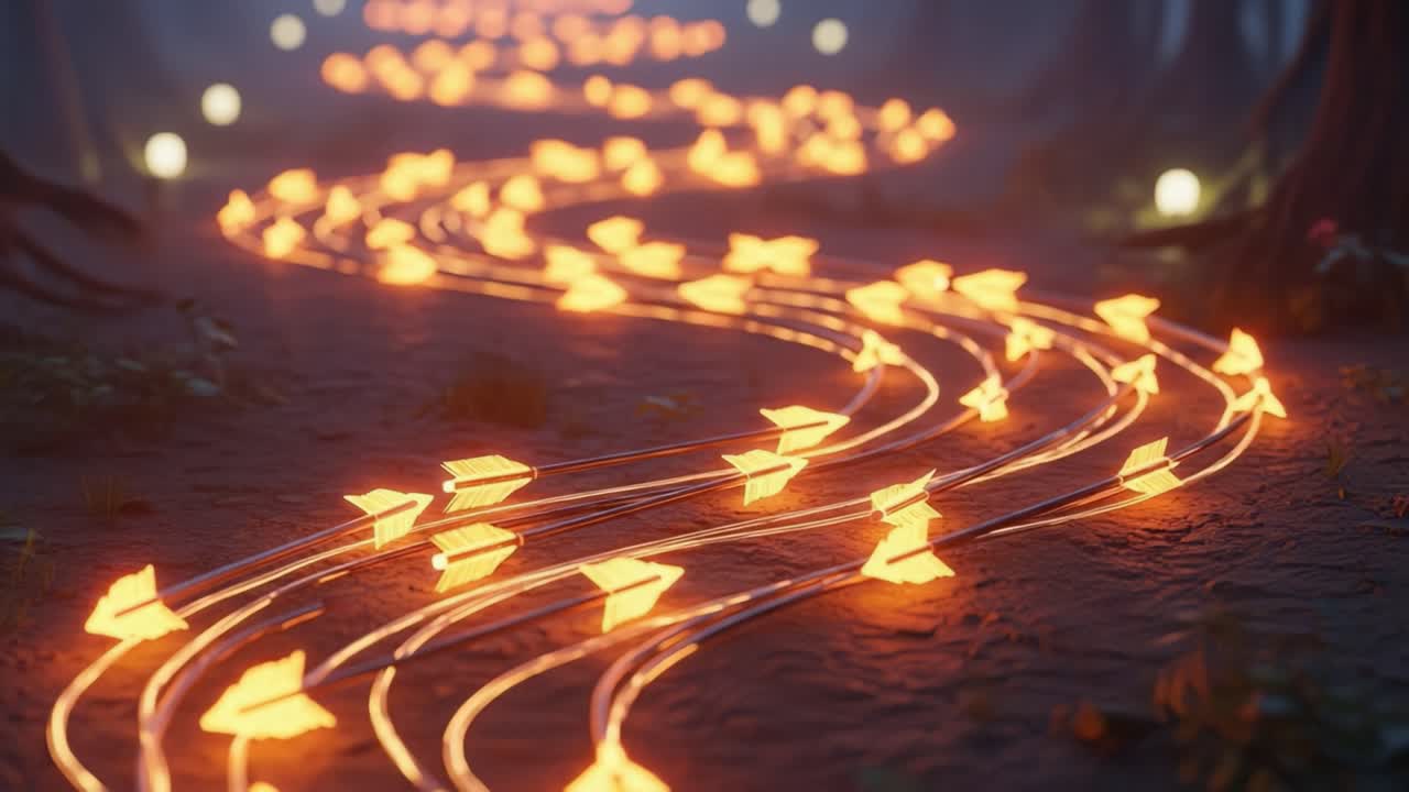 Illuminated Pathway: A Serene Journey Through a Forest with Glowing Arrows Guiding the Way Amidst Mystical Surroundings and Softly Flickering Lights