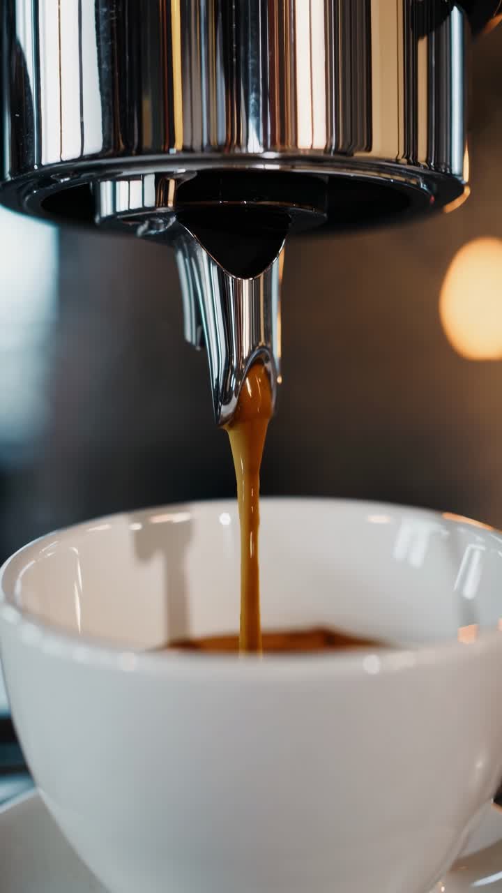 Close-up of espresso machine pouring coffee into a white cup