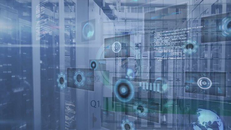 Animation of digital clock, radars, globe, computer language against server racks in background