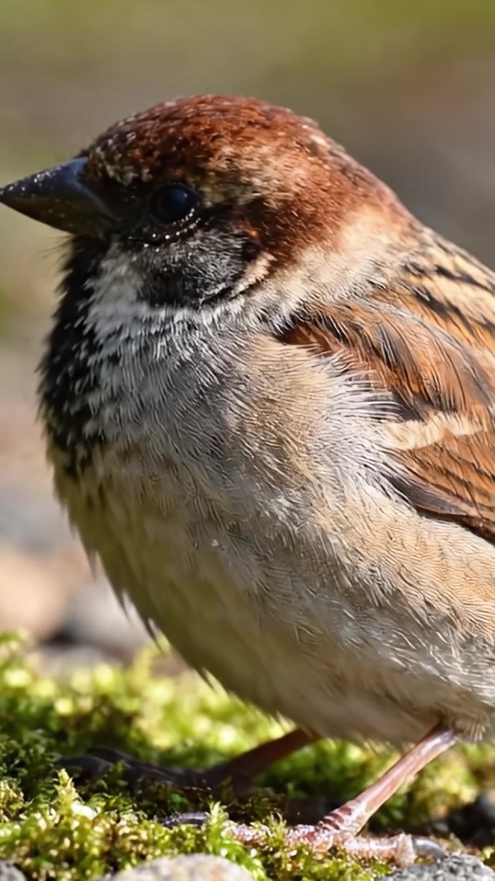 Primo piano di un bellissimo passero con dettagliati motivi di piume e occhi accattivanti, perfettamente posato su terreno muschioso, che mostra l'incredibile bellezza della natura