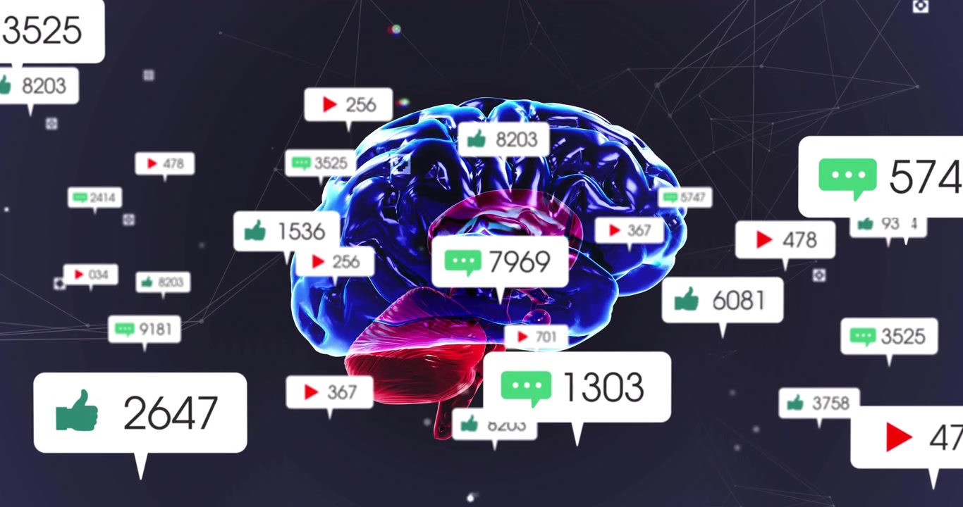 3D brain model rotating while comment and play icons fading and orbiting, showing rising engagement