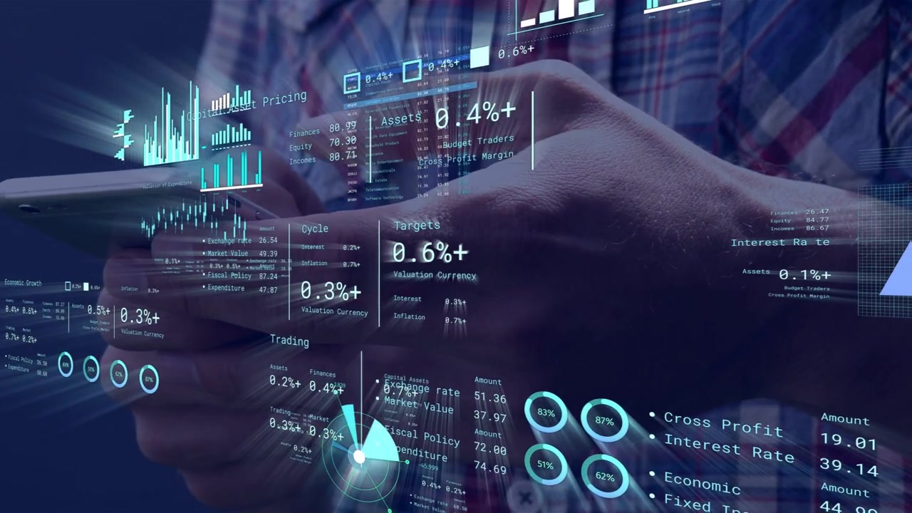 Male analyst's hands tapping and swiping phone, updating HUD finance charts and gauges for markets