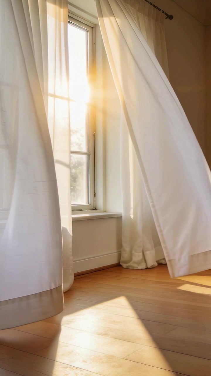 Vertical video: Billowing sheer white curtains moving from breeze at window, casting sun shadows