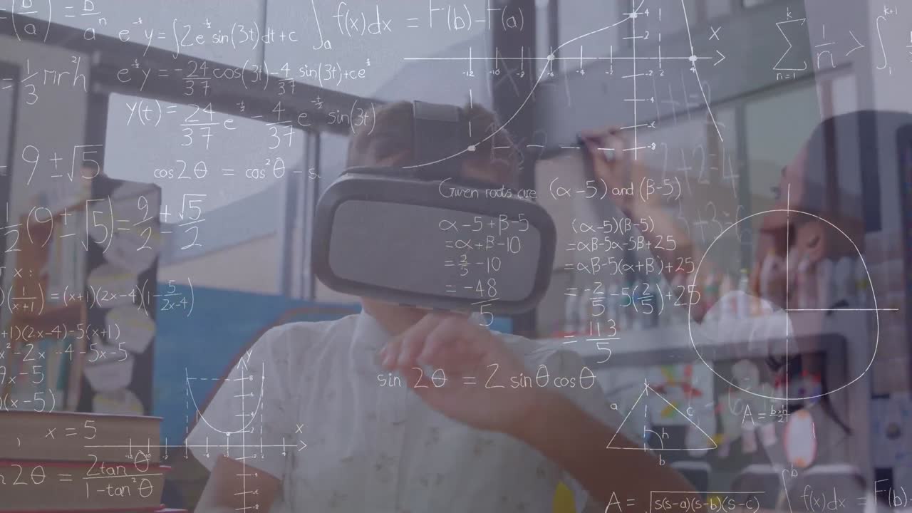 vr 헤드 ⁇ 을 사용하는 백인 학교생에 대한 수학 방정식의 애니메이션