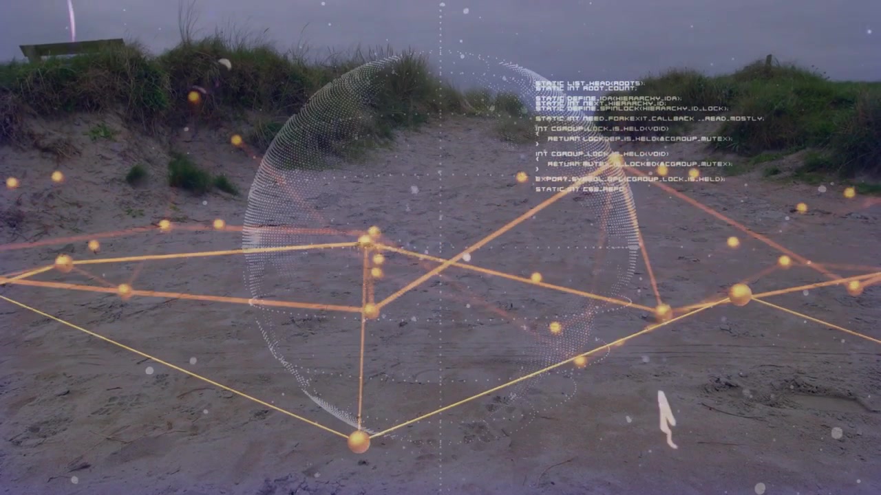 Sovrapposizione digitale che appare su un sentiero di dune, con una griglia dorata in crescita e una sfera punteggiata rotante che mostra la tecnologia.