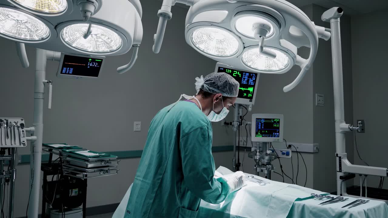 A video captures a surgeon in an operating room, viewed from a high angle, highlighting the sterile