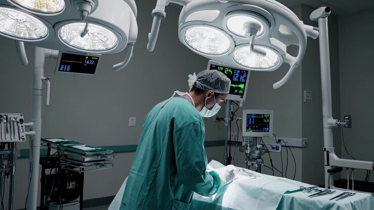 A video captures a surgeon in an operating room, viewed from a high angle, highlighting the sterile