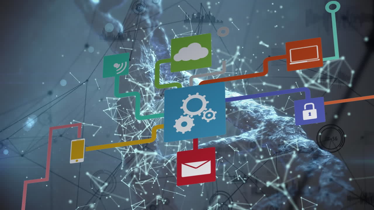 animación de iconos tecnológicos sobre conexiones y cadena de adn en fondo naval