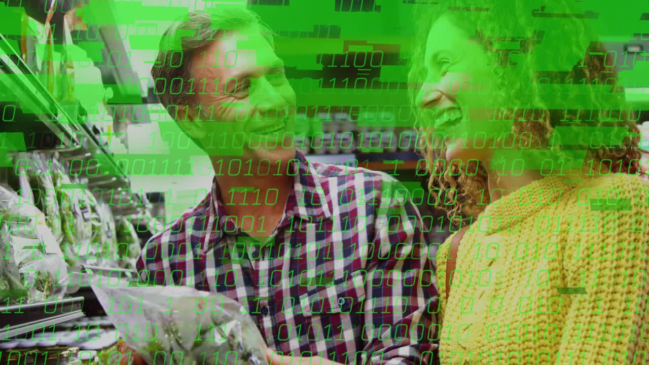 Couple lifting bag checking nutrition, watching green data overlay growing over retail aisle