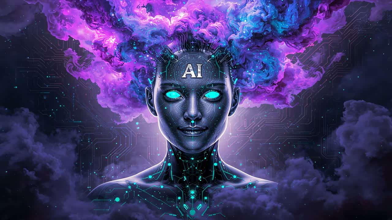 Receiving signal, AI-labeled cyber bust starting pulsing nodes lighting eyes to boot in tech scene